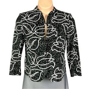 Ming Wang Black White Floral Knit Blazer Stretch Snap Front size PL Petite Large